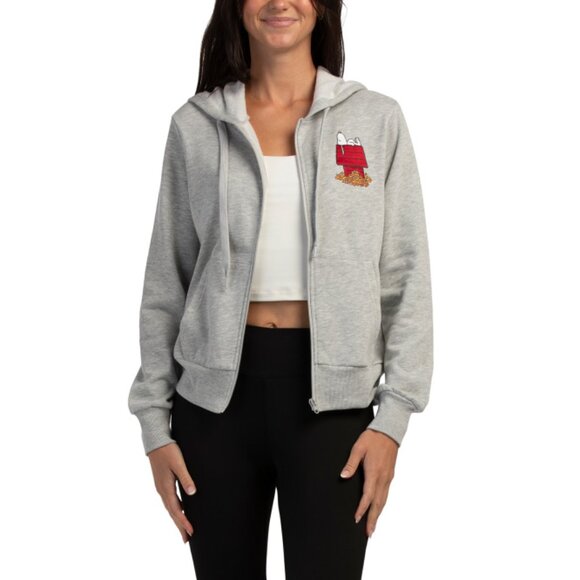PEANUTS Light Grey Heather Fleece Full Zip Hoodie With Embroidered Patch - Picture 1 of 2